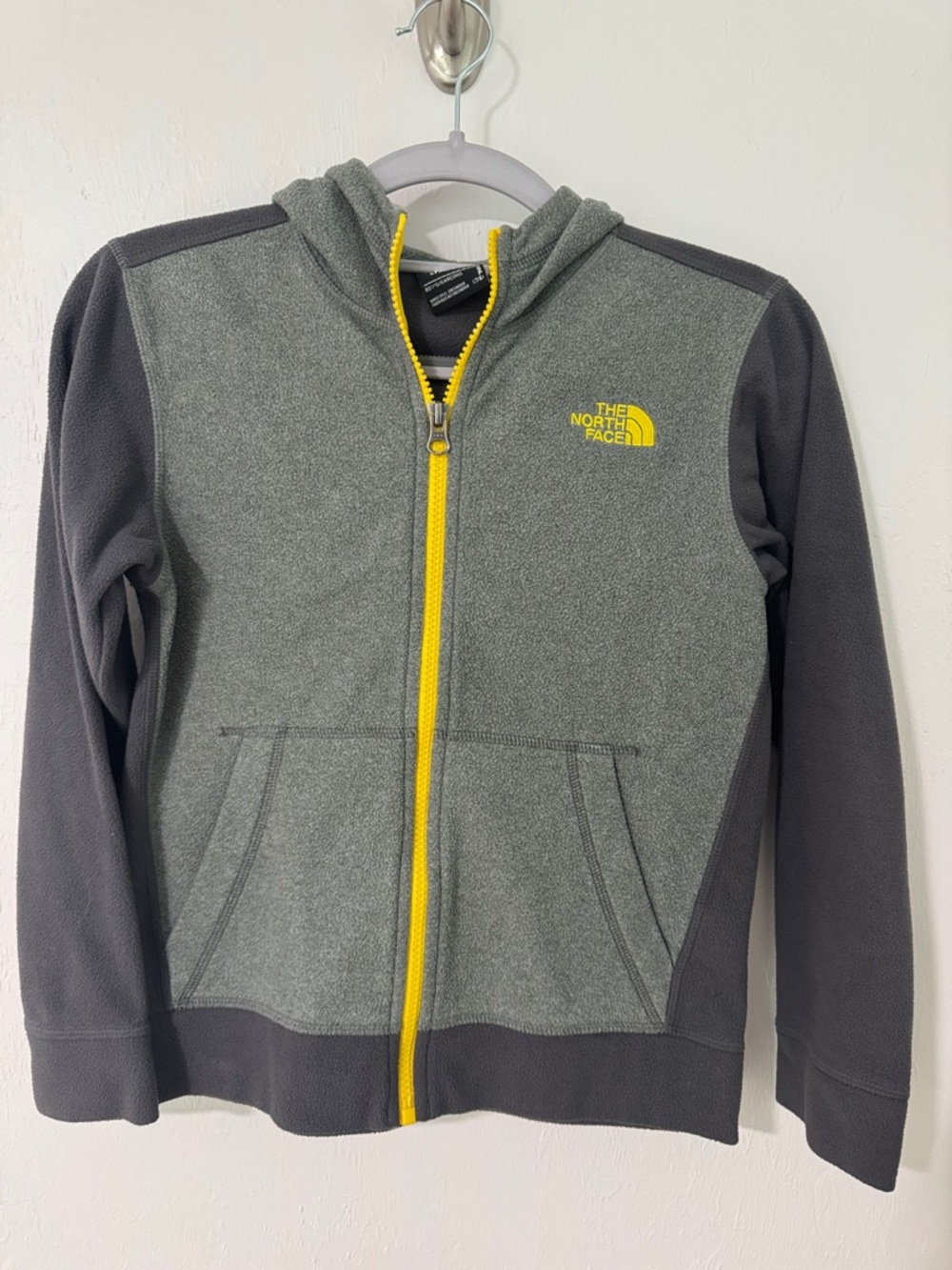 The North Face Kids Gray & Dark Gray Hooded Fleece with Yellow Zipper